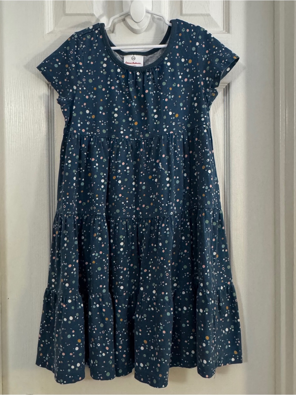 Hanna Andersson Girl Navy Blue Dot Tiered Short Sleeve Dress 100% Cotton